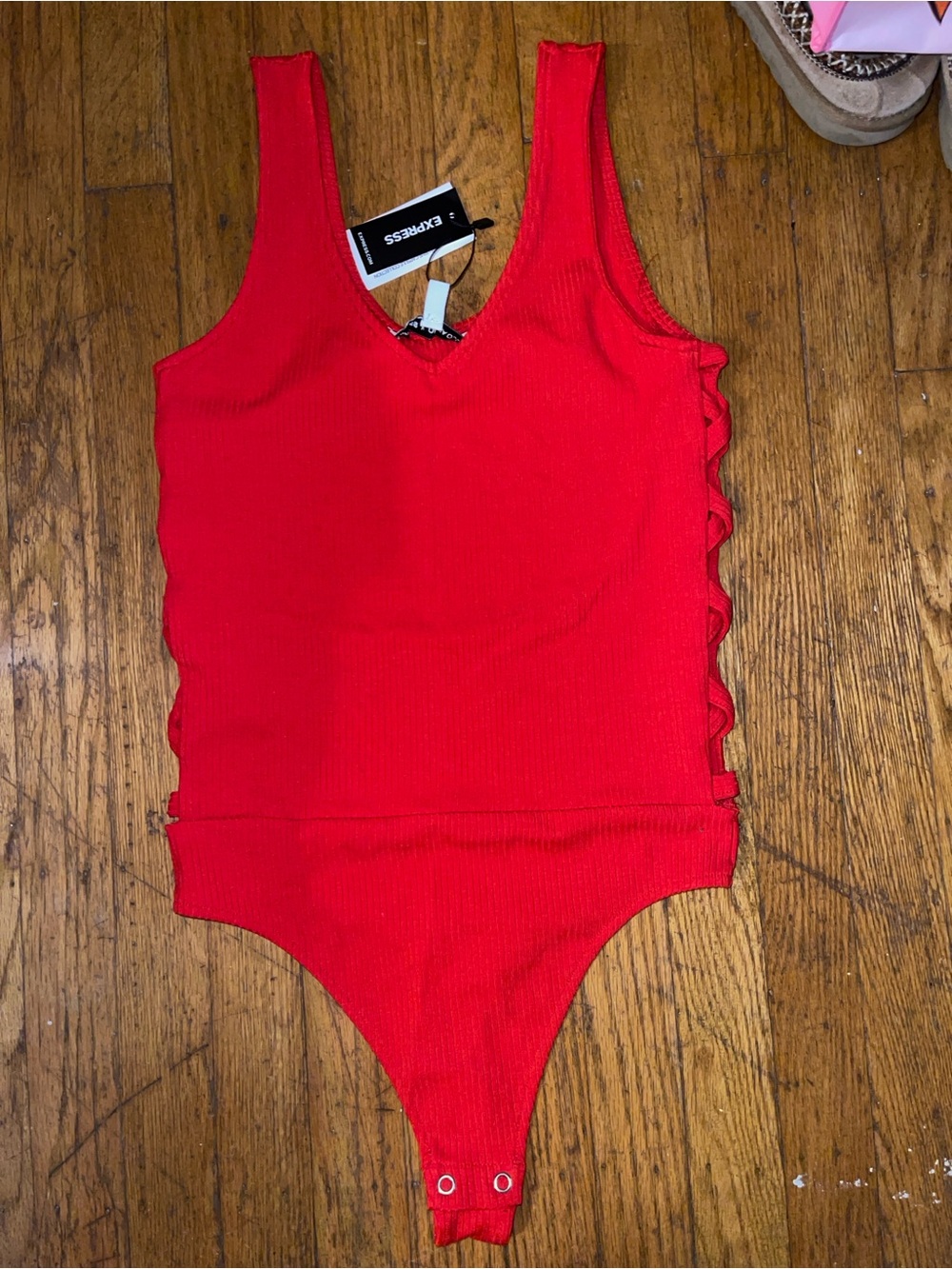 Express Red Ribbed One-Piece Bodysuit